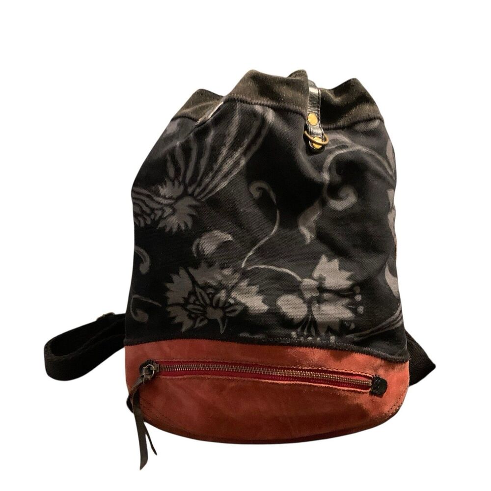 VTG Lucky Brand Leather Canvas Backpack Bag Floral Black Red Y2K Boho Drawstring - Picture 3 of 16